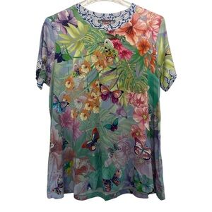 Johnny Was Floral and Butterfly Short Sleeve Top